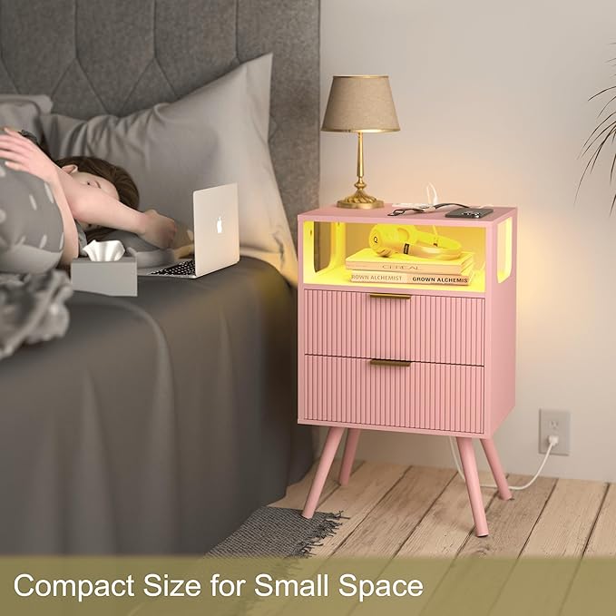 JOONEE Pink Nightstand with Charging Station and LED Lights, Modern Bedside - Image 6
