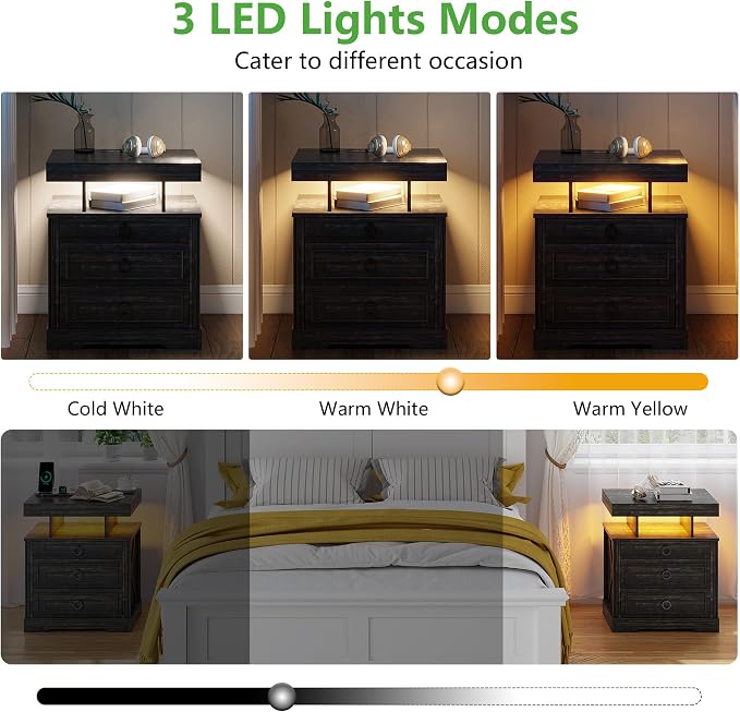 HNEBC Nightstand with Gun Drawers, LED Farmhouse Night Stand with Charging - Image 6