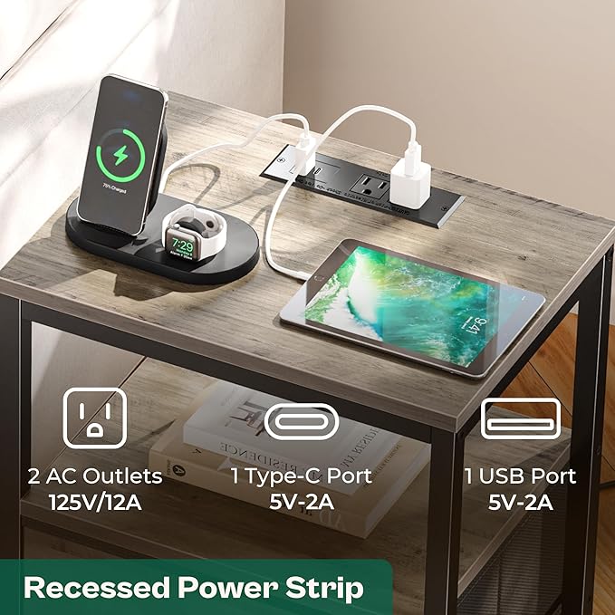 Huuger Nightstand with Charging Station, 27.6 Inch End Table Bedside Table with - Image 4