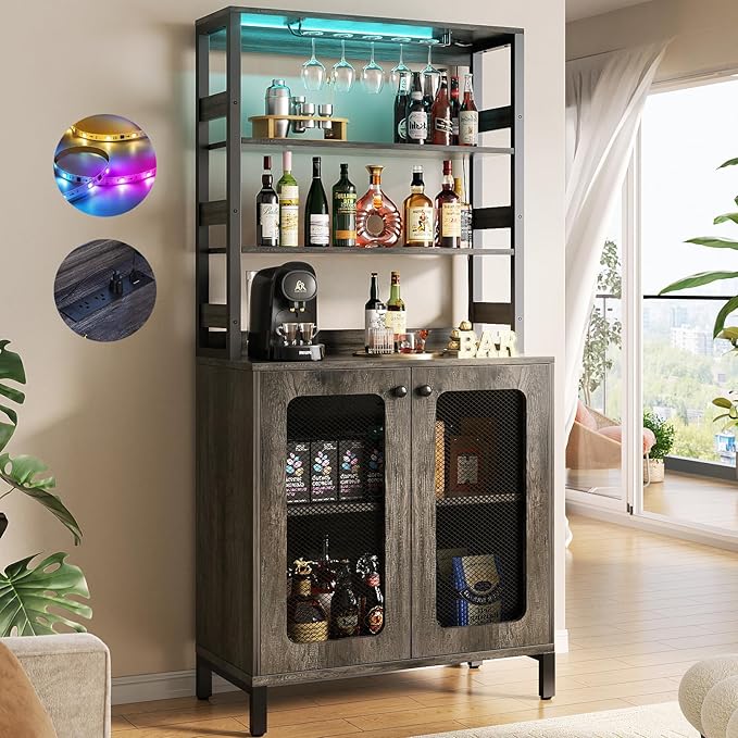 Aheaplus Bar Cabinet with Power Outlets, Coffee Bar Station by Aheaplus