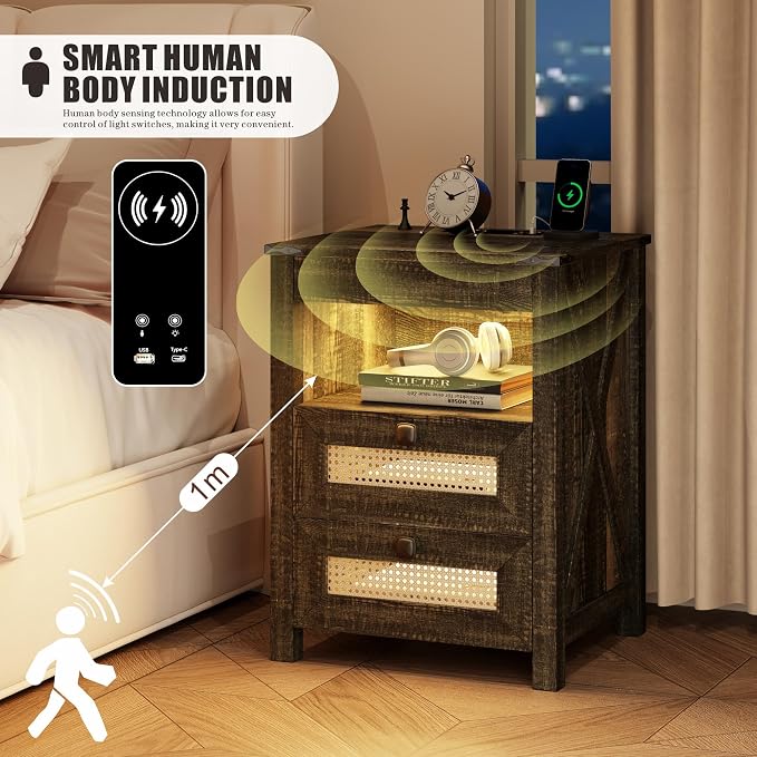 FREDEES Rustic Nightstand with Gun Drawer, End Table with Charging Station - Image 7