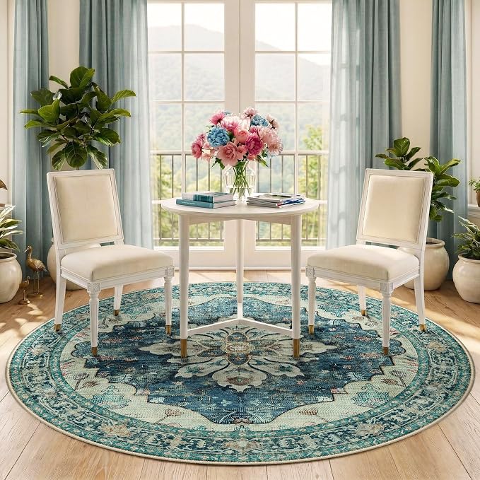 RELEANY Area Rugs 6ft Washable Non-Slip, Floral Vintage Distress Print Pattern - Image 2