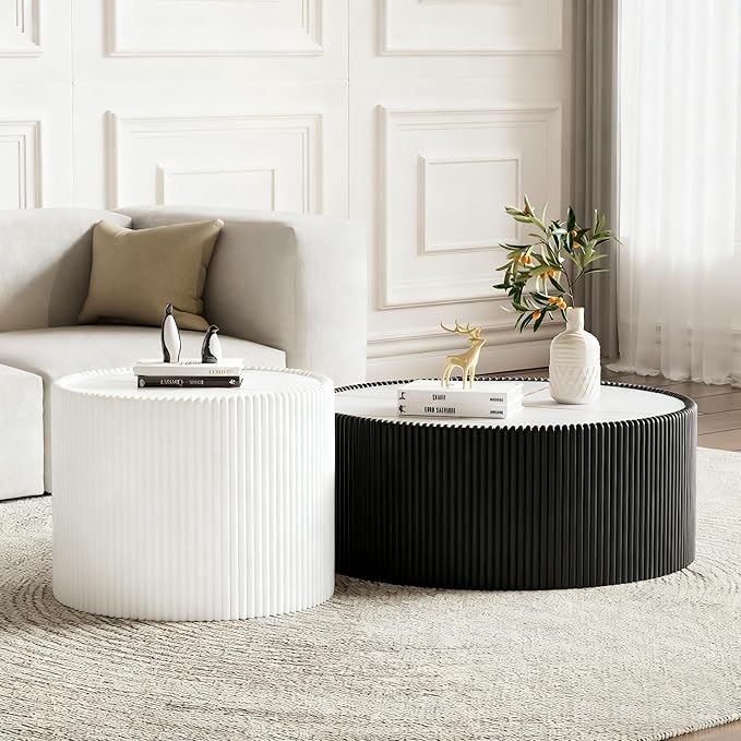 SSLine Round Drum Coffee Table Set of 2 Modern Sintered Stone Top Nesting - Image 3