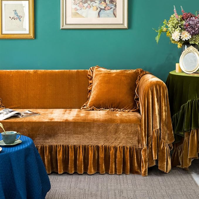 Velvet Sofa Cover Soft Decorative Luxurious Solid Exquisite Ruffle Trim - Image 3