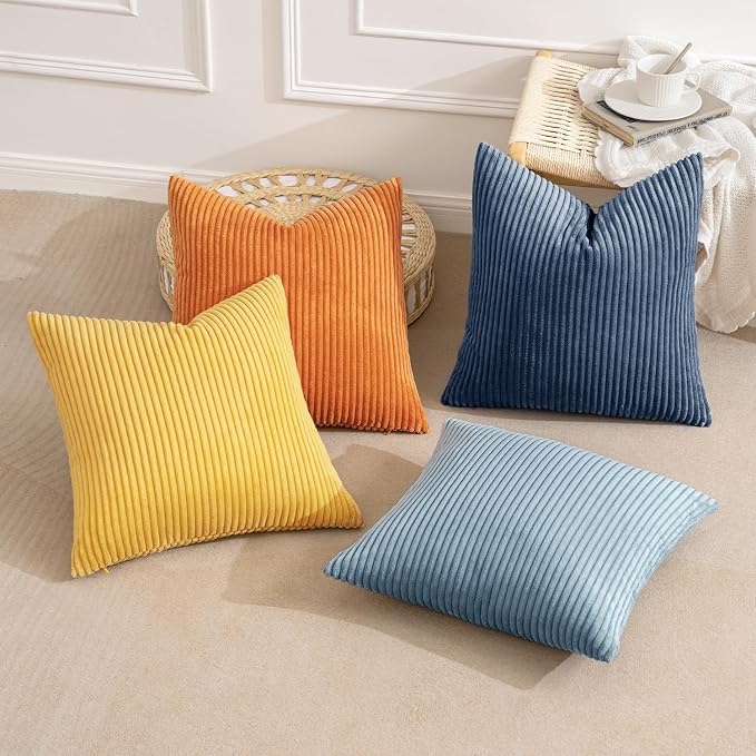 MIULEE Pack of 4 Blue-Orange Corduroy Decorative Throw Pillow Covers 18x18 Inch - Image 3