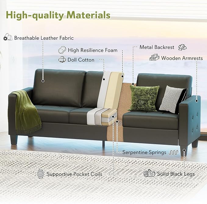 STHOUYN 73” Black Faux Leather Sofa Couch, Modern Comfy Office 3 Seater Couch - Image 3