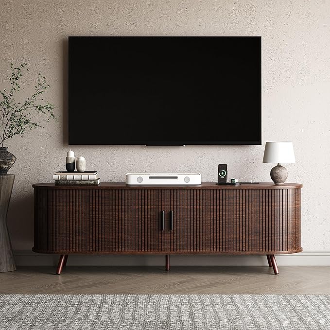 63 inch TV Stand with Power Outlet, Fluted Entertainment Center by Unknown