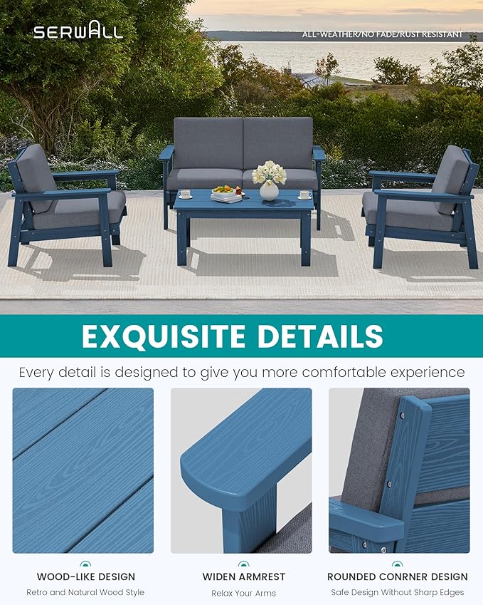 SERWALL 4 Piece HDPE Outdoor Furniture Set, All Weather Wood-Like Outdoor Sofa - Image 4