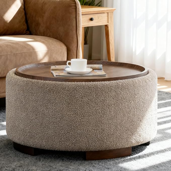 29.5 Inch Round Storage Ottoman Coffee Table, Modern Circle Coffee Table by Coziture