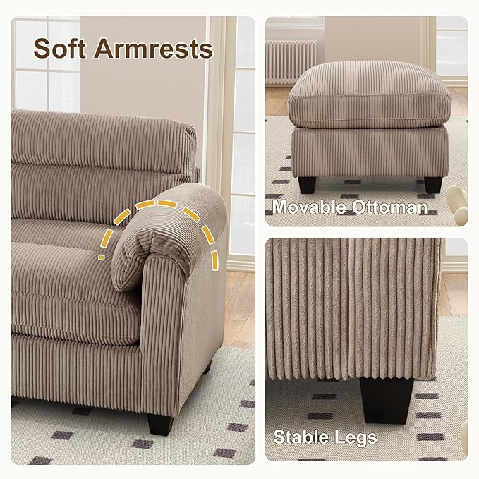 HAOMARKETS Corduroy Sofa Set, Upholstered Ottoman Footrest, Modern Living Room - Image 5