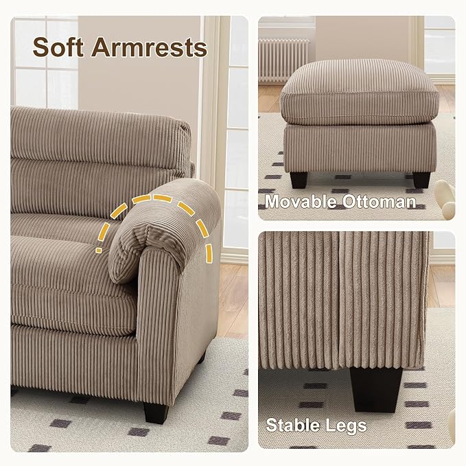 HAOMARKETS Corduroy Sofa Set, Upholstered Ottoman, and 3-Seater Couch - Image 5