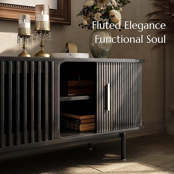 POVISON Fully-Assembled Mid Century Modern TV Stand, Sliding Tambour Door - Image 7