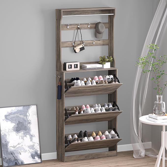 BORNOON Shoe Cabinet with 3 Flip Drawers & Coat Rack, Narrow Hidden Shoe by BORNOON