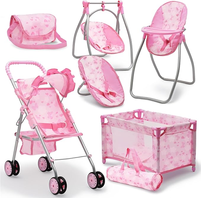 Baby Doll Stroller Bed and Swing Nursery Playset, Baby Doll Accessories by DollsToPlay