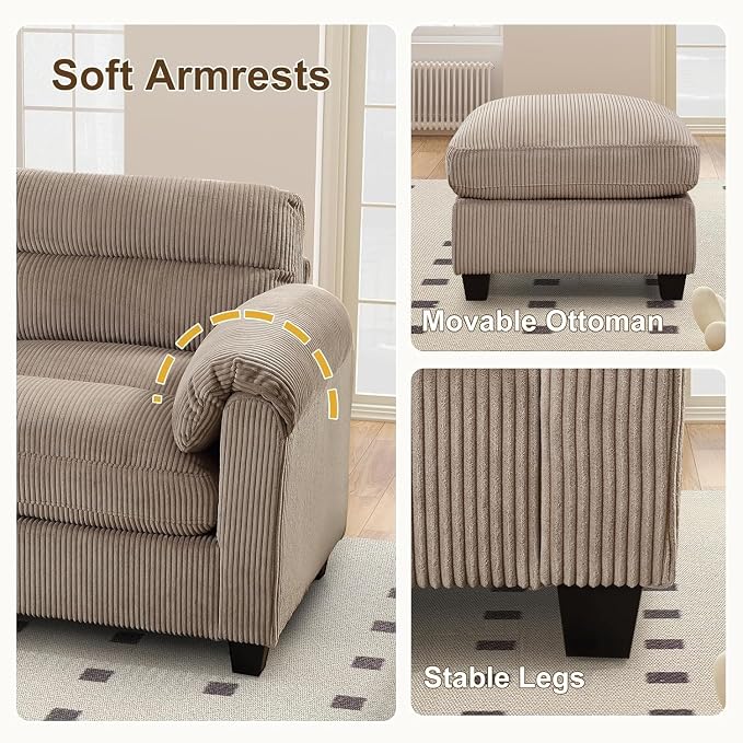 HAOMARKETS Corduroy Sofa Set, Upholstered Ottoman, Loveseat Set of 2, and - Image 5