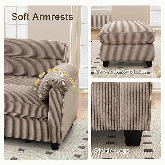 HAOMARKETS Corduroy 4-Piece Sofa Set, Upholstered Ottoman Set of 2 and Accent - Image 5