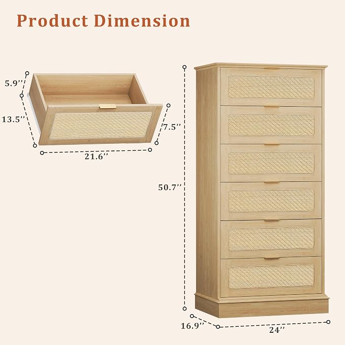 HUAHUU 6 Drawer Dresser for Bedroom, 50 Inch Tall Dressers & Rattan Chest of - Image 2