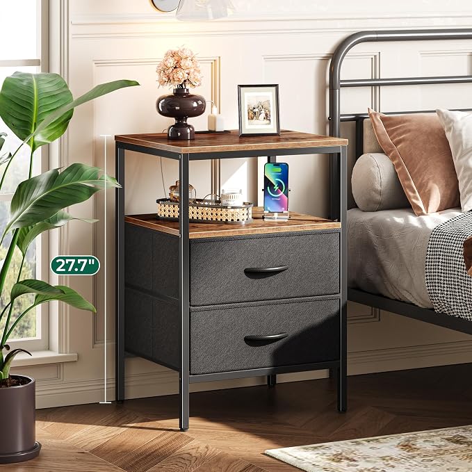Huuger Night Stand with Charger Station, 27.7 Inch Tall Nightstand, Bed Side - Image 2