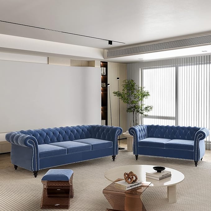 ORRD 2 Pieces Living Room Set, Velvet Couch Chesterfield Sofa Loveseat by ORRD