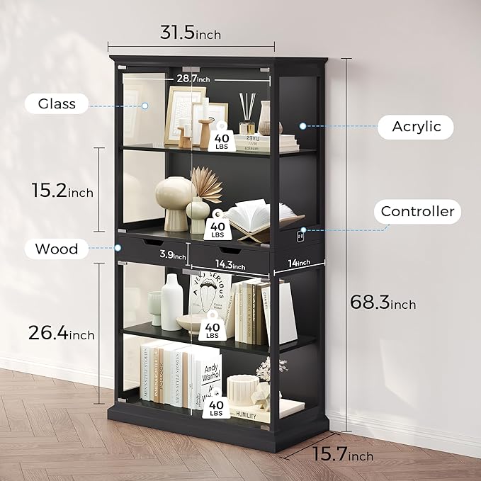 Jocoevol Display Cabinet with Glass Doors, 4-Tier Glass Display Case with Human - Image 2
