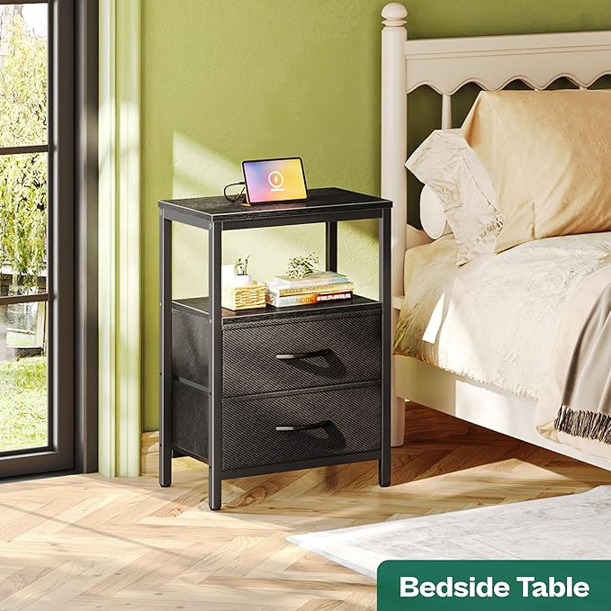 Huuger Nightstand with Charging Station, Side Table with 2 Fabric Drawers - Image 2