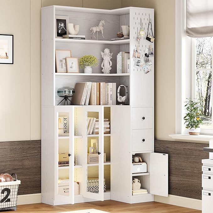 IRONCK Corner Bookshelf with LED Lights, 78.7" Tall Corner Bookshelves with 2 by IRONCK
