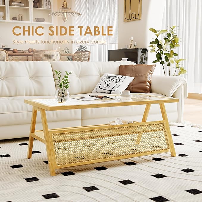 Bamworld Coffee Table with Storage Mid-Century Modern Coffee Table Boho - Image 5