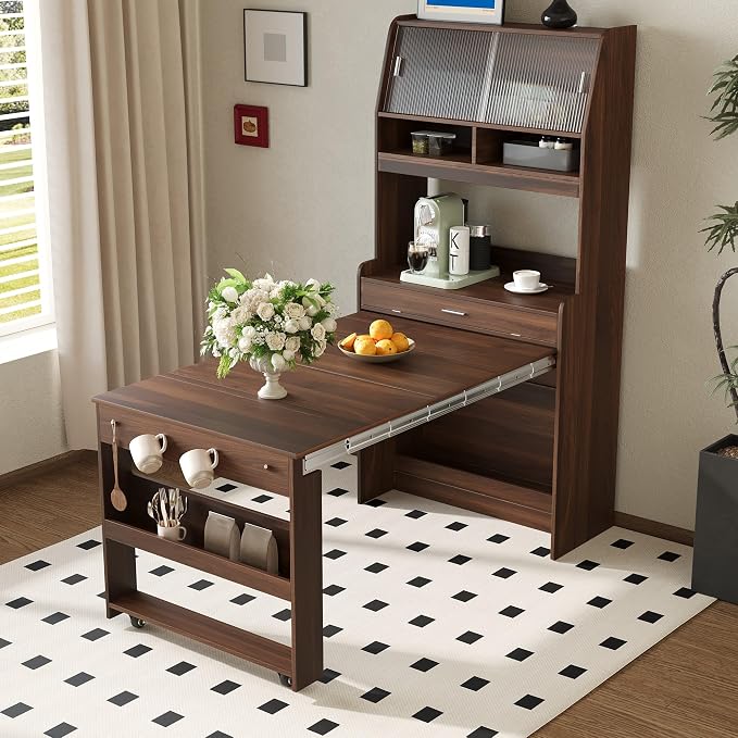 Compact Buffet with Hutch and Foldable Dining Table, 2-in-1 Buffet - Image 9
