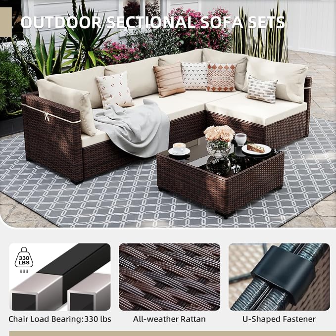 UPHA 5 Pieces Patio Furniture Sets, Wicker Outdoor Sectional Sofa Couch - Image 3