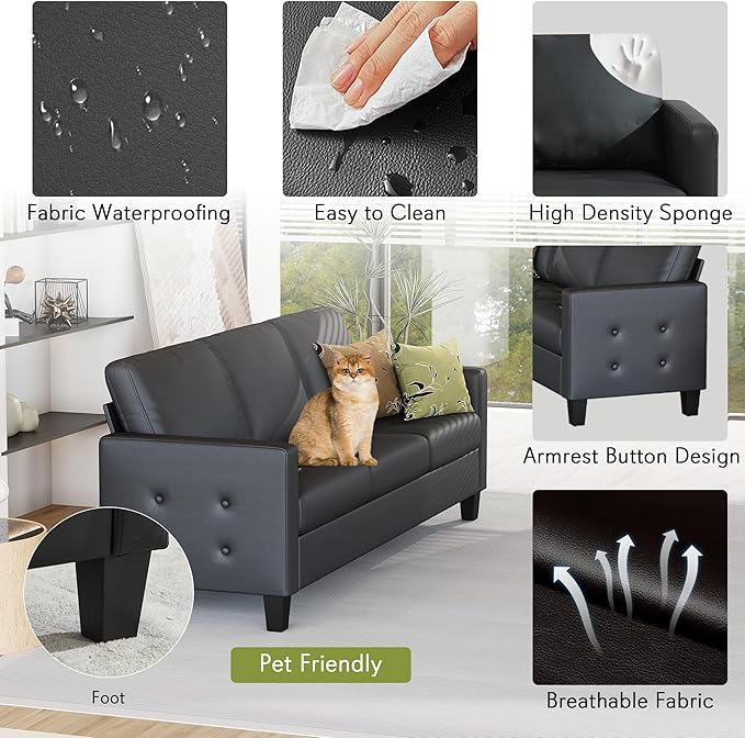 STHOUYN Black Faux Leather 3 Seater Sofa and Loveseat, Modern Comfy Office - Image 3