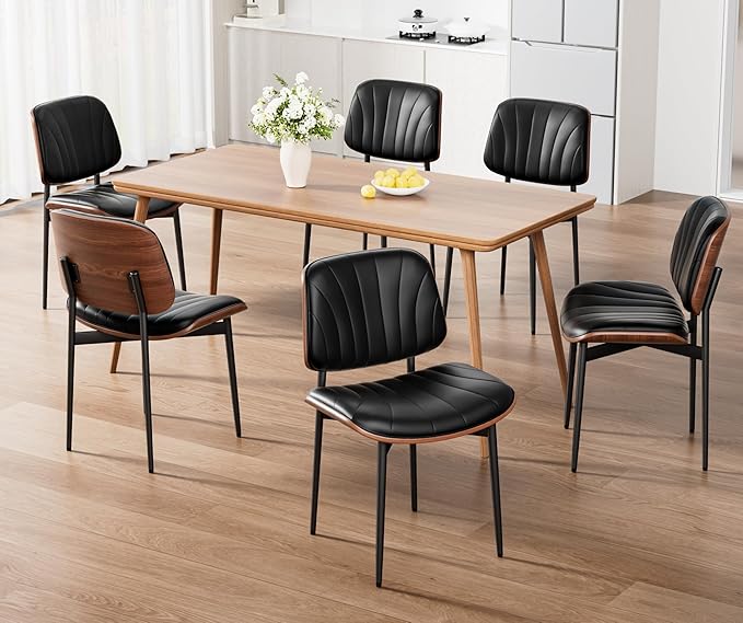 REONEY Dining Chairs Set of 6, Mid-Century Modern Upholstered PU Leather Chairs - Image 3