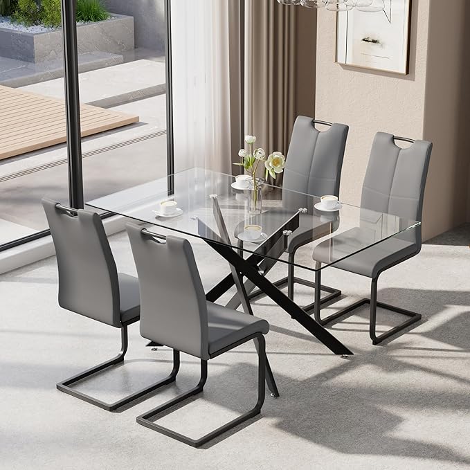 5-Piece Dining Table Set for 4, Modern Rectangular Glass Table by KATBOCFurniture