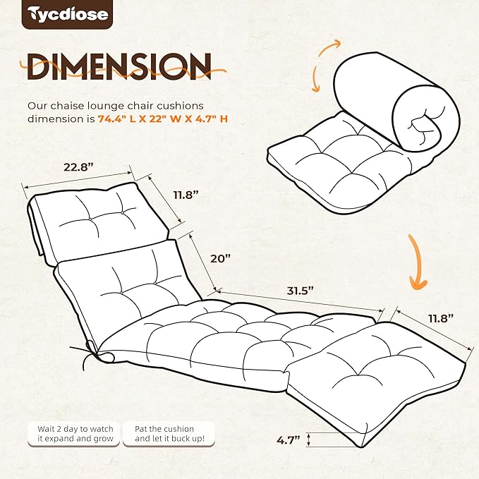 Waterproof Outdoor Chaise Lounge Cushion 74.4 x 22 x 4.7 Inches Memory Foam - Image 2