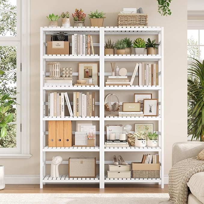 FOTOSOK 6-Tier Bamboo Shelf Set of 2, Bamboo Bookcase - Image 5