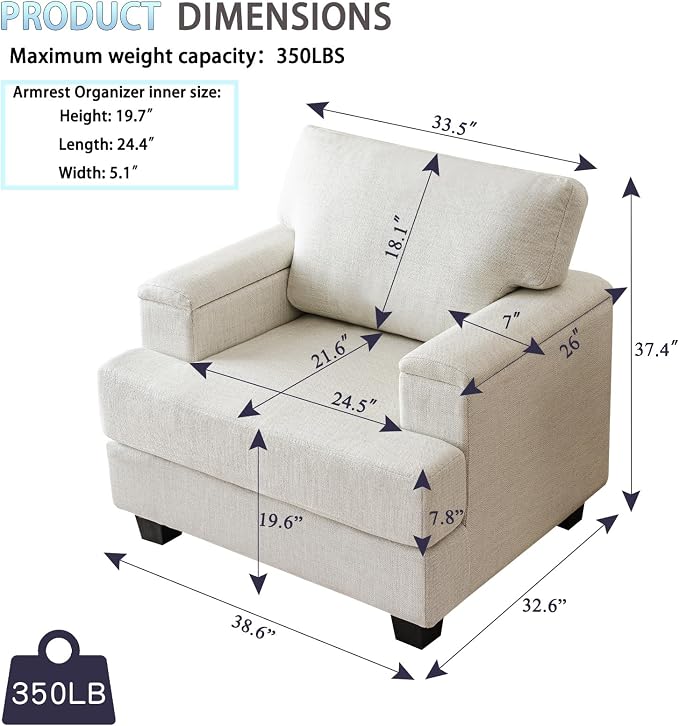 Rexulqo Oversized Accent Chair Set of 2, Upholstered Armchair - Image 2
