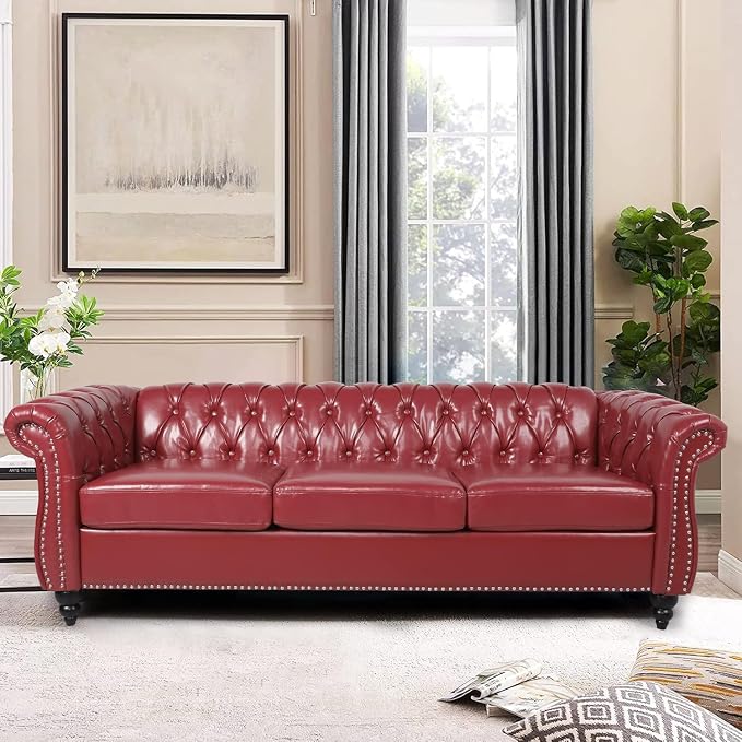 AVZEAR Chesterfield Leather Sofa 3 Seater Couch, Mid-Century Large Sofa Roll by AVZEAR