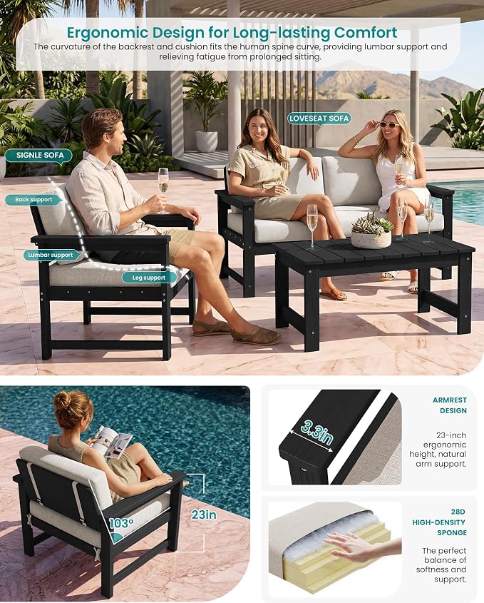 SERWALL 4-Piece Outdoor Patio Sofa Set, HDPE All-Weather Loveseat Sofa - Image 2