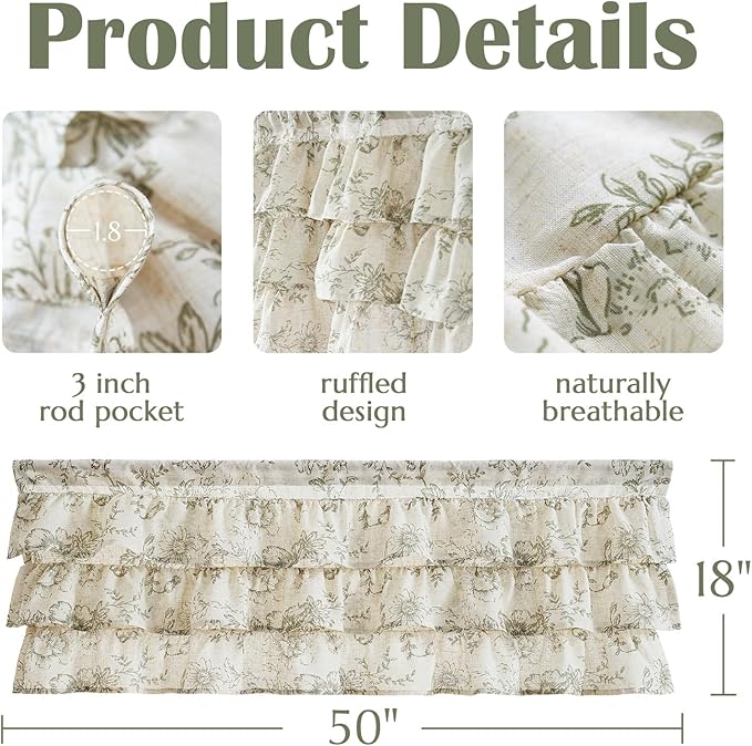 jinchan Ruffled Floral Valance Linen Shabby Chic Small Window Curtain 18 Inch - Image 8