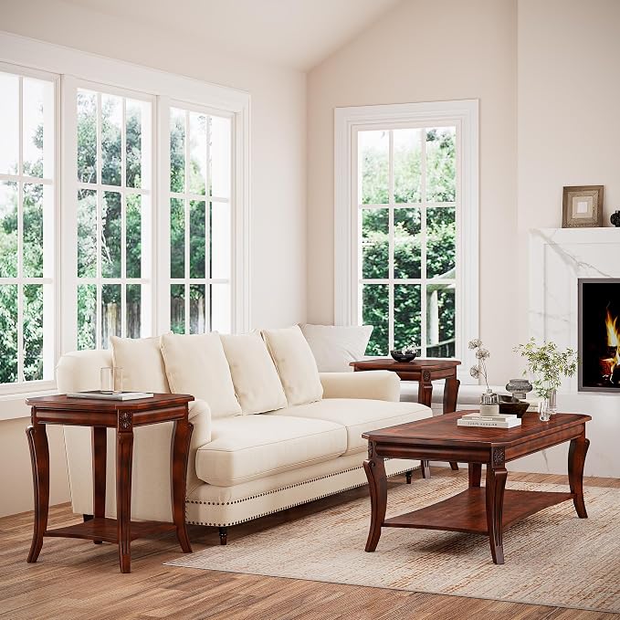 Traditional Distressed Farmhouse Style Coffee Table Set, 2-Piece Solid Wood - Image 4