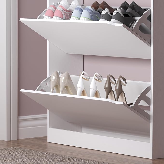 BORNOON Shoe Cabinet with 3 Flip Drawers & Coat Rack, Narrow Hidden Shoe - Image 6
