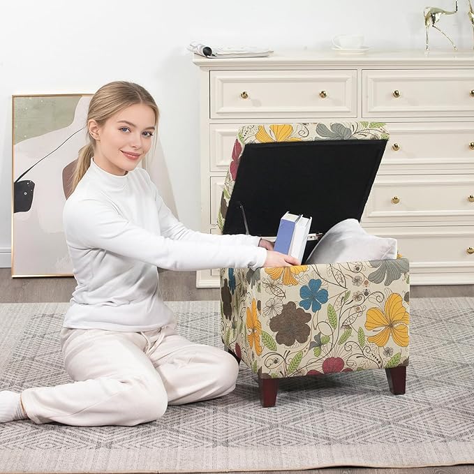 Adeco 18 Inch High Cube Ottoman Storage, Floral Printed Linen Chair Foot Stools - Image 5