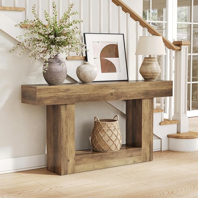 LITTLE TREE 63 Inches Long Console Table, 2-Tier Farmhouse Sofa Table Behind by LITTLETREE