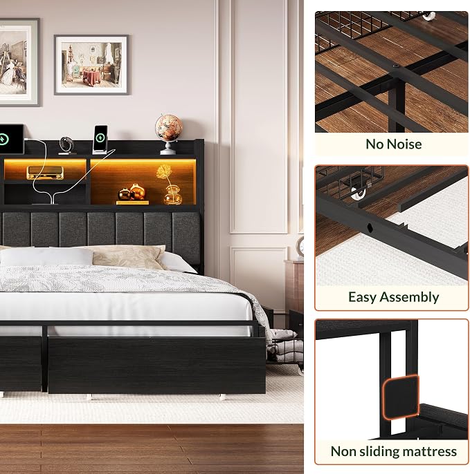 LARMACE King Bed Frame with 6 Storage Drawers, Bed Frame King Size with Linen - Image 7