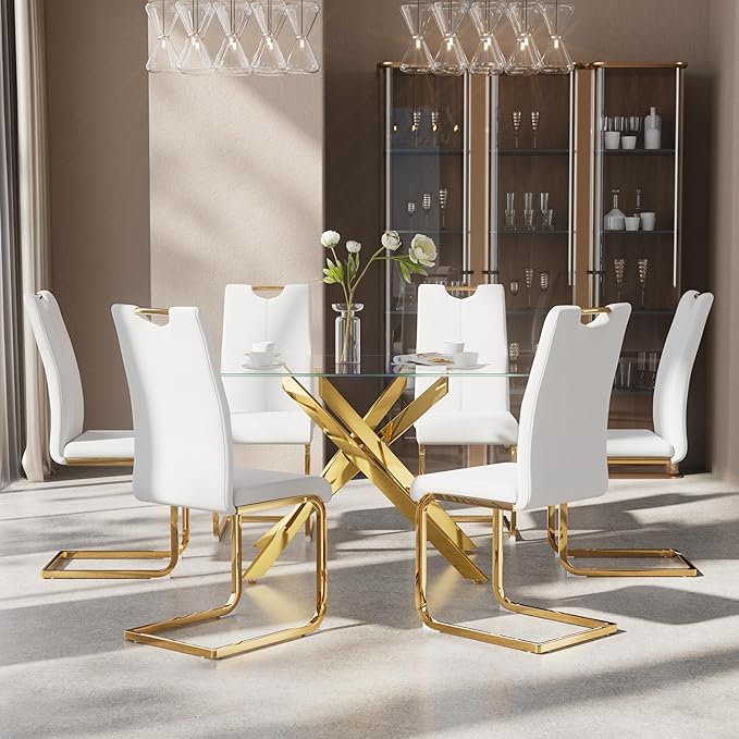 7-Piece Dining Table Set for 6, Modern Rectangular Glass Table - Image 3