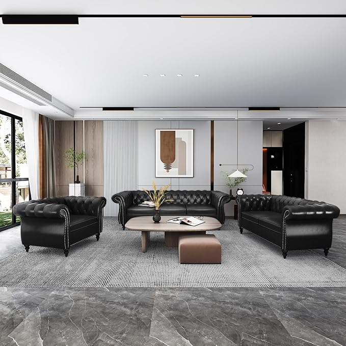 3 Piece Living Room Set, Chesterfield Leather Sofa Loveseat Couch Chair - Image 3