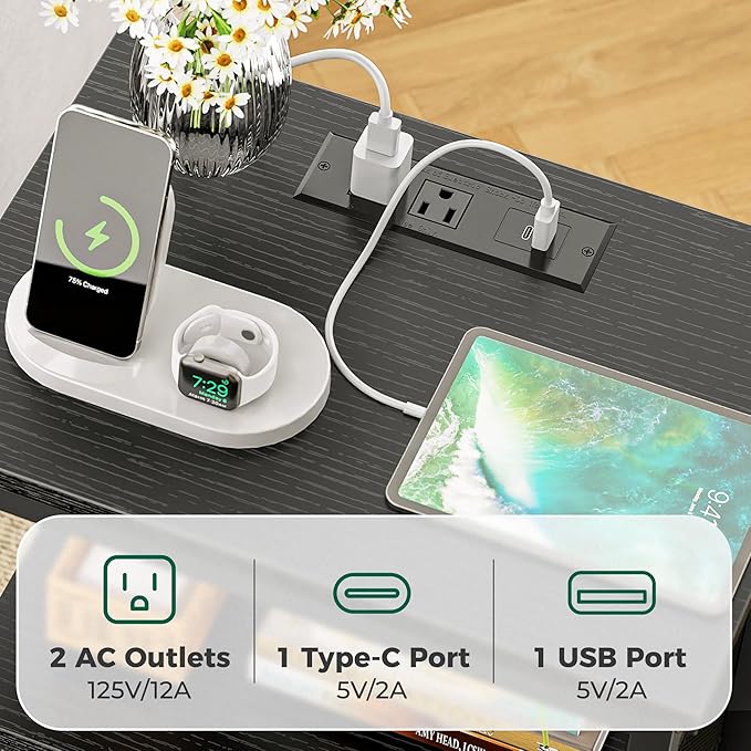 Huuger Nightstand with Charging Station, Side Table with 2 Fabric Drawers - Image 4