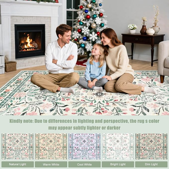 Round Area Rug for Living Room: 6 ft Floral Washable Circle Rug Soft Non-Slip - Image 9