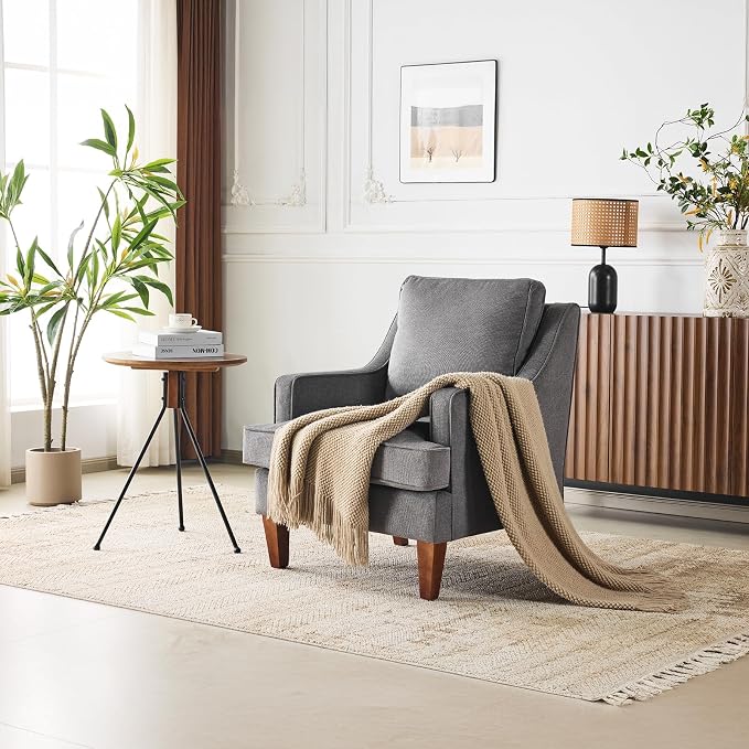 VINGLI Mid-Century Modern Accent Chair, Light Grey Upholstered Armchair Comfy - Image 8