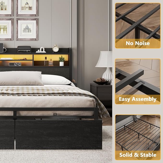 Furnulem King Bed Frame with Wood Headboard & Storage Drawers, Metal Platform - Image 6