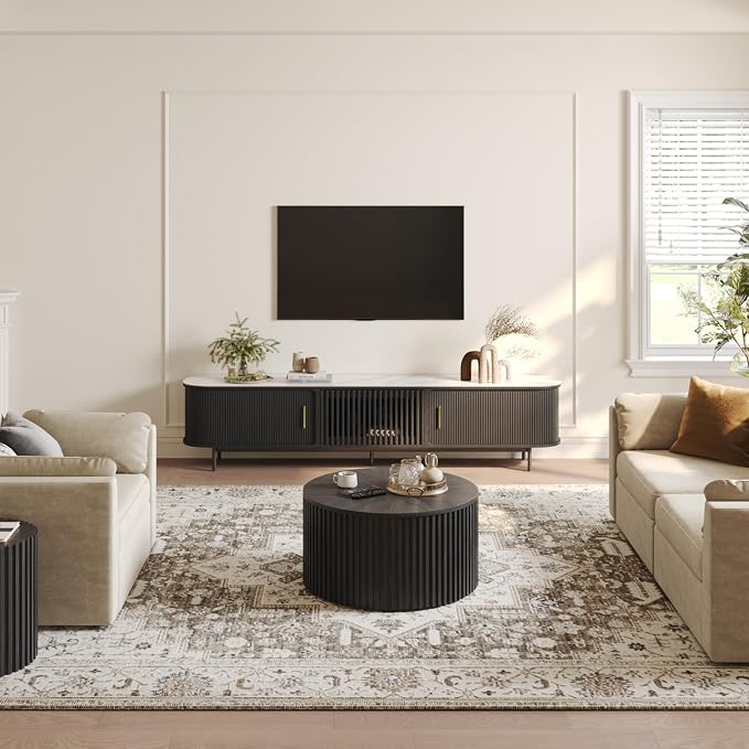 POVISON Fully-Assembled Sliding Tambour Door TV Stand, Mid Century Modern - Image 7